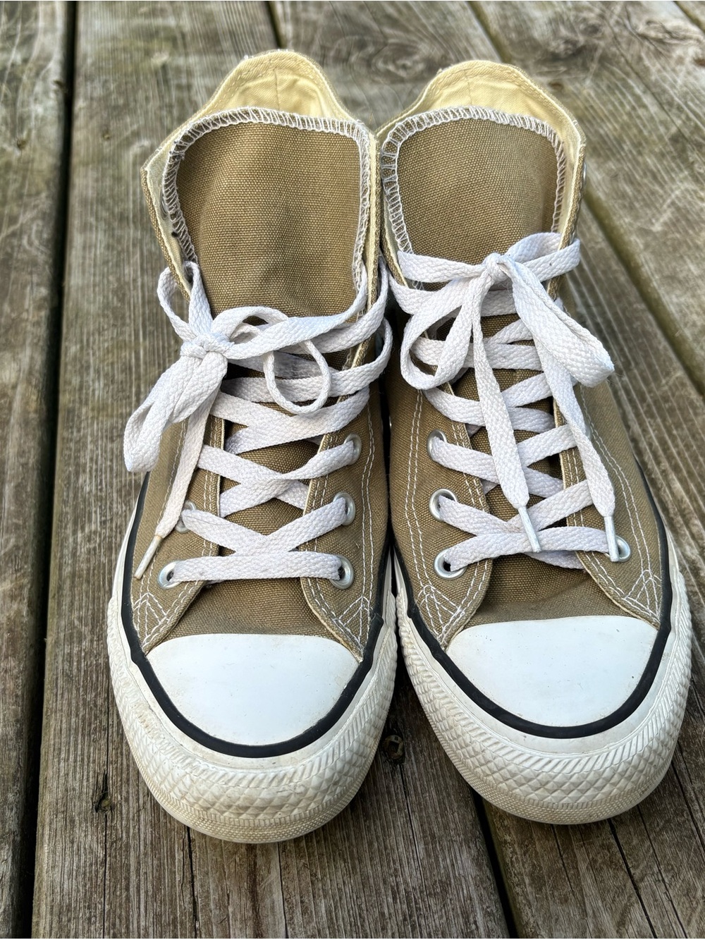 Converse High-Top Sneakers in Tan/Olive with White Laces